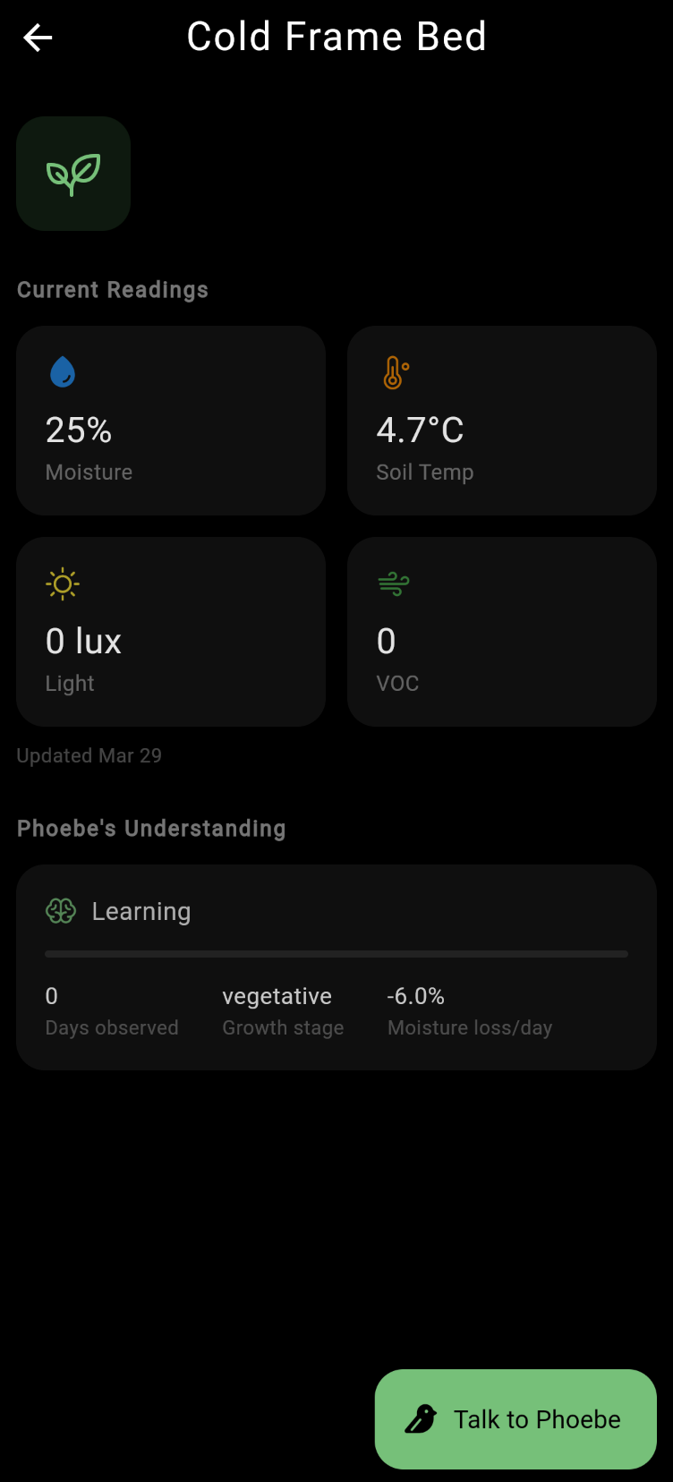 Flutter app showing the Cold Frame Bed plant detail screen with sensor readings