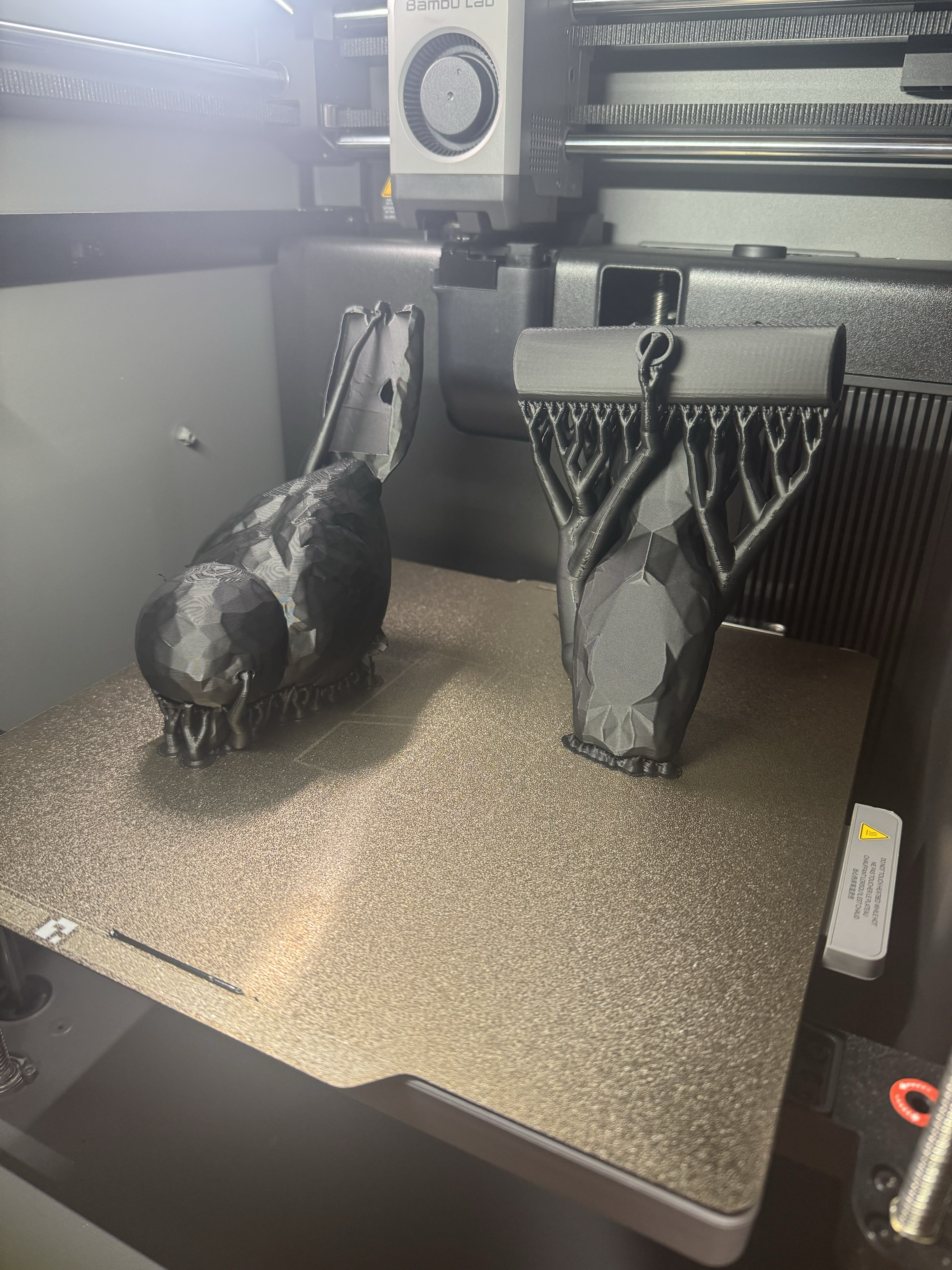 Two early bird prints on the Bambu P1S build plate, still attached to supports