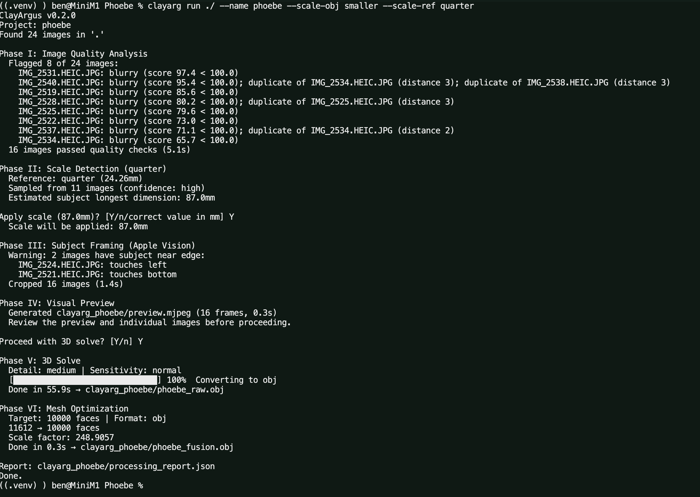 Terminal showing full ClayArgus pipeline run: image culling, preview, 3D solve in 55 seconds, mesh optimization