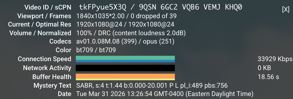YouTube Stats for Nerds overlay showing video codec, connection speed, and buffer health