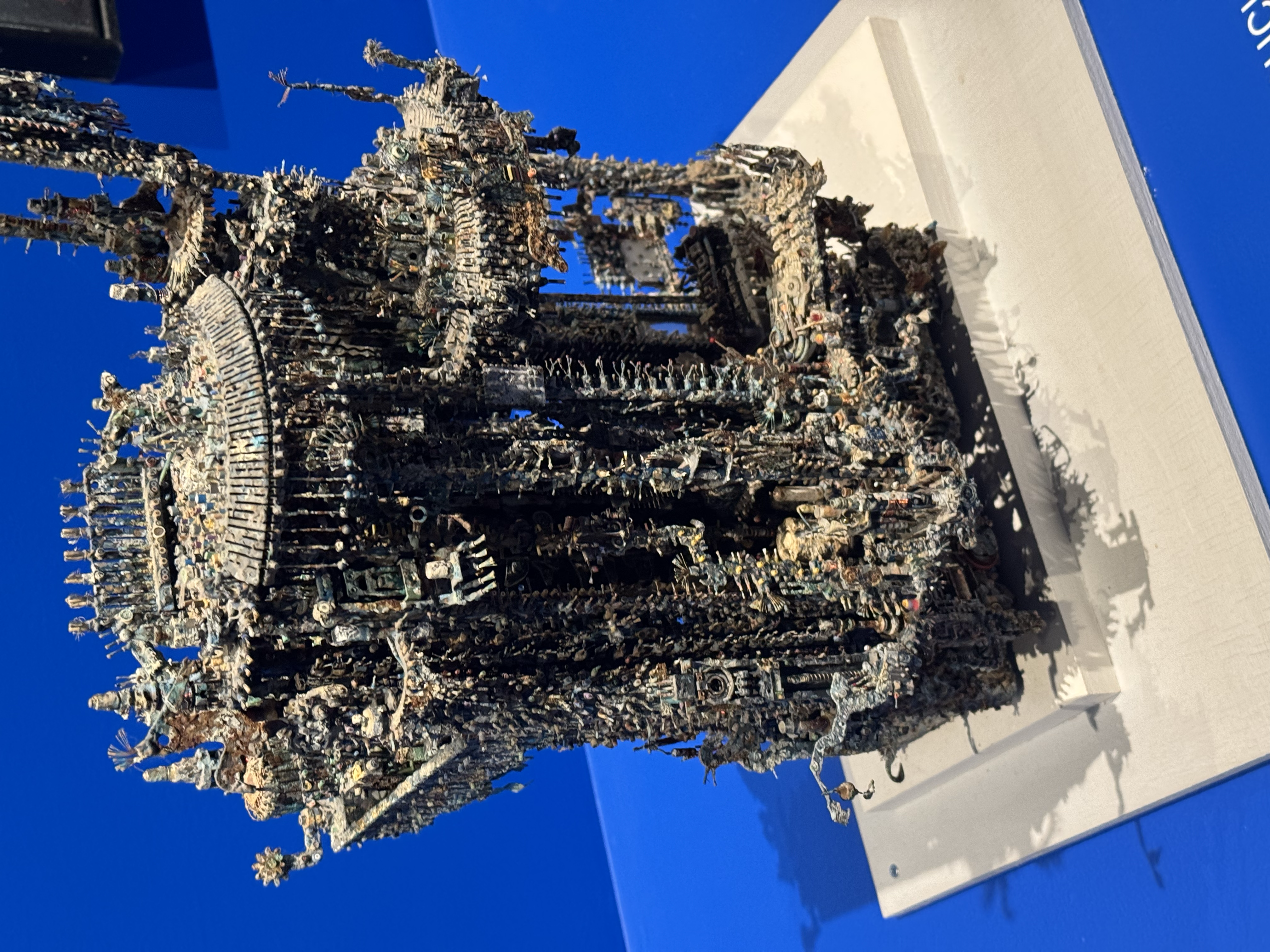 Intricate metal sculpture at the New Museum that resembles a complex PCB or circuit board