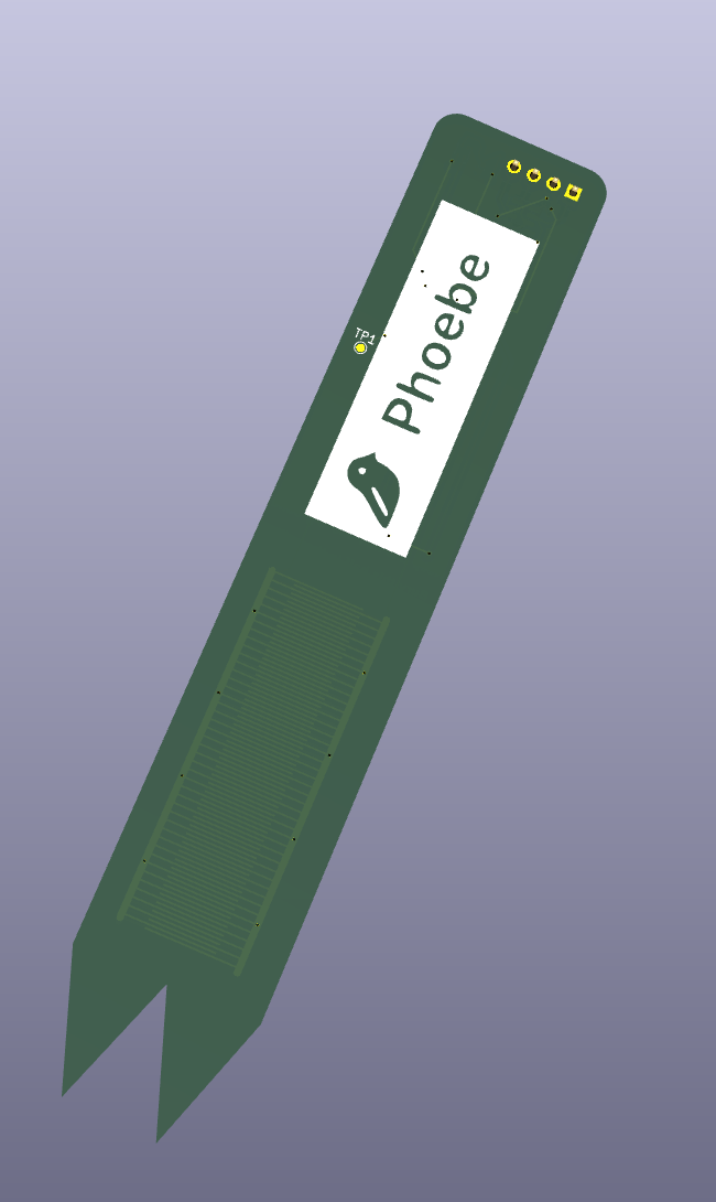 3D render of the Perch Prong front face, showing the Phoebe logo, bird silhouette, and capacitive sensing tines