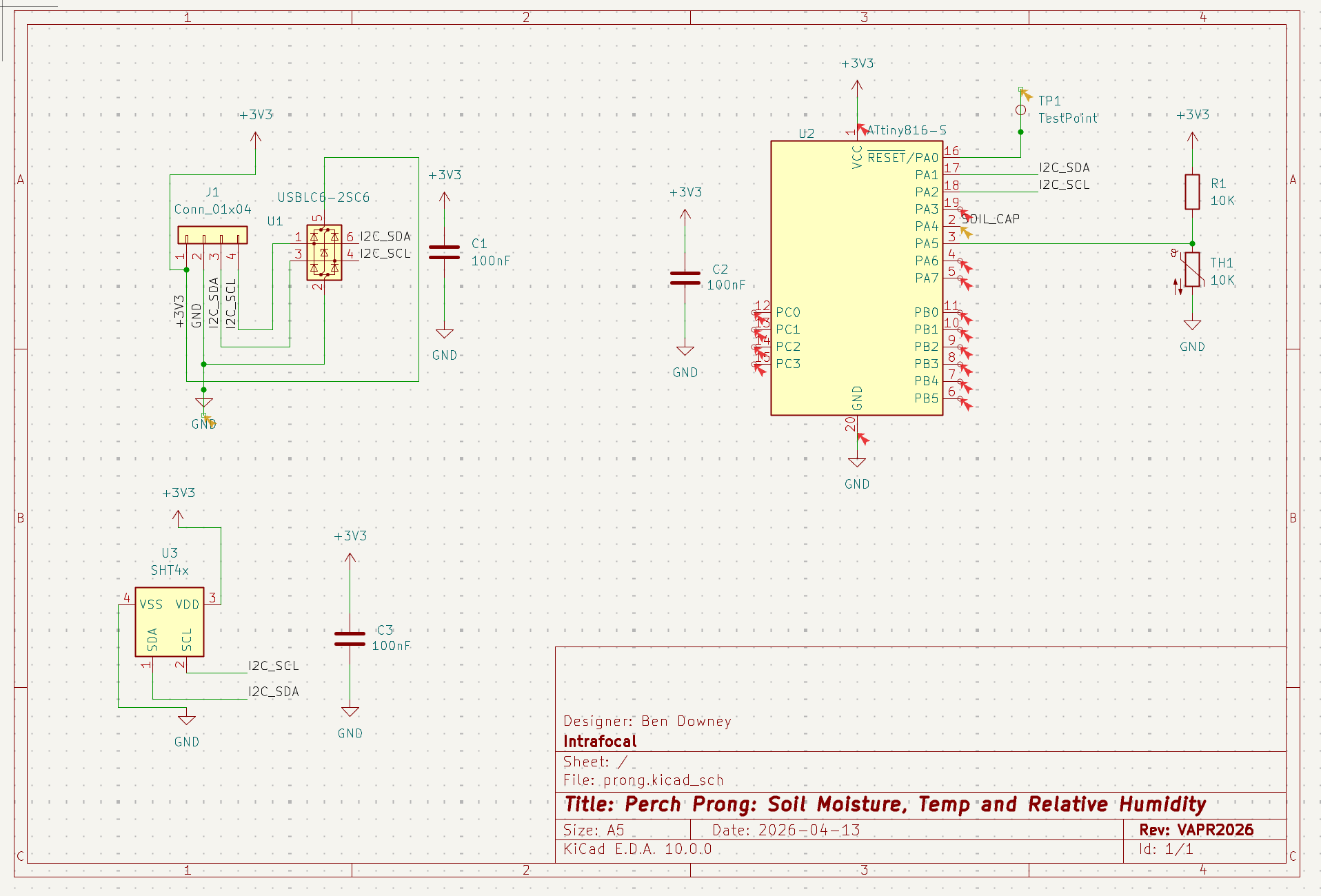 KiCad schematic for the Perch Prong: ATtiny816, SHT4x temp/humidity sensor, USBLC6 ESD protection, capacitive soil sensing
